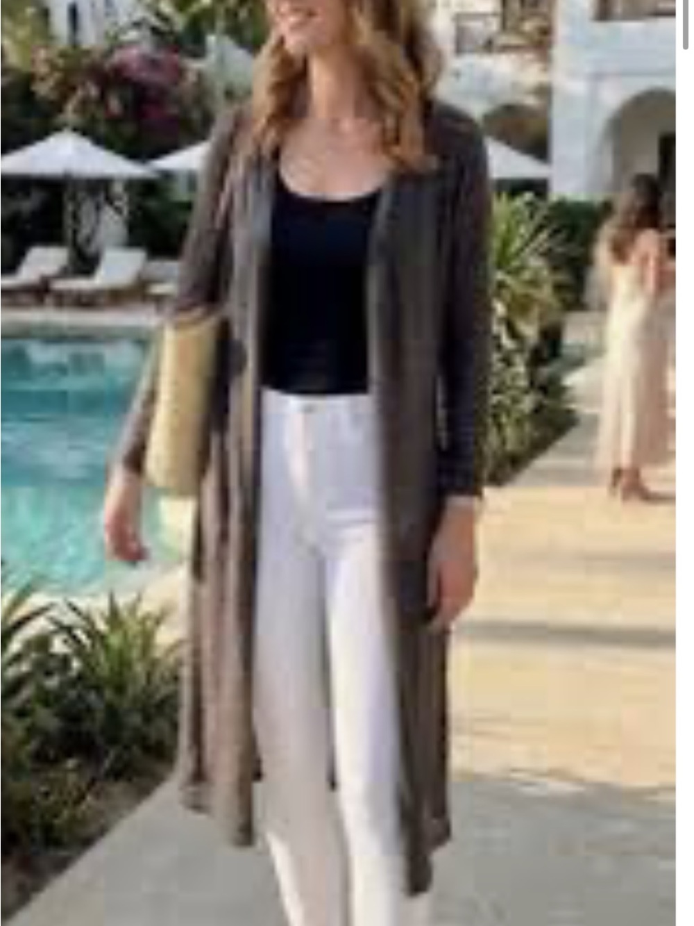 Eileen Fisher Silk Duster Cardigan Black Grey Melange 5 buttons pockets Large